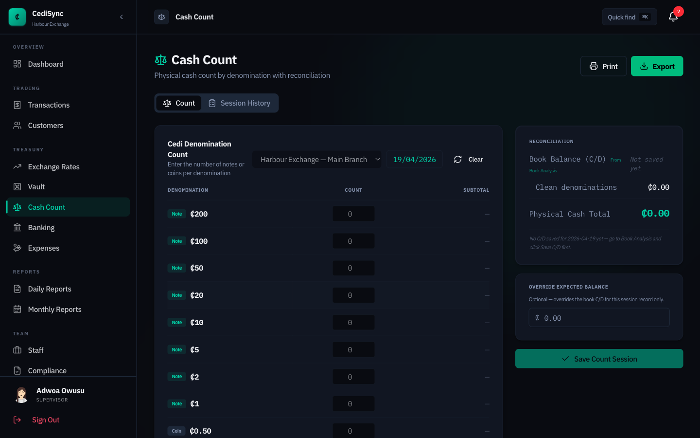 CediSync cash count screen with cedi denomination breakdown